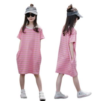 馨霓雅 女童夏款短袖粉色条纹休闲连衣裙 JF2301