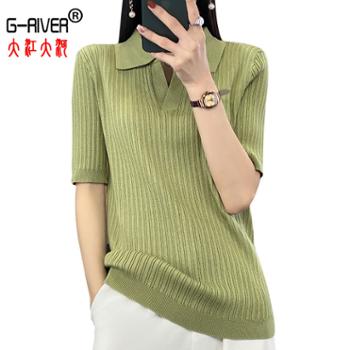 大江大河/G-RIVER 春秋季御姐风私服名媛套头娃娃领女式短袖T恤 丝光棉