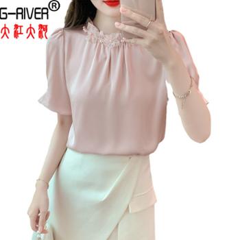 大江大河/G-RIVER 女式设计感钉花立领缎面短袖衬衫 时尚减龄,名媛气质 S-2XL