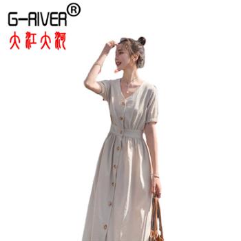 大江大河/G-RIVER 女式V领收腰短袖过膝长裙 名媛气质、时尚潮流 S-XL