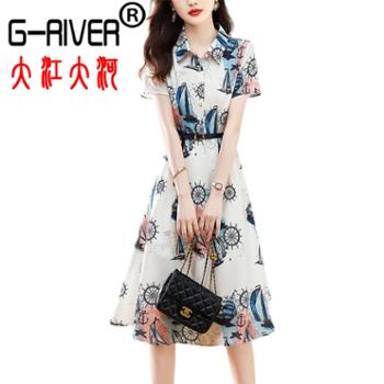 大江大河/G-RIVER 女式法式优雅轻奢洋气收腰雪纺短袖连衣裙 高级感系带收腰 M-2XL