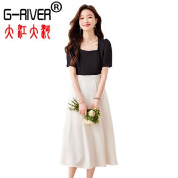 大江大河/G-RIVER 女式假两件收腰显瘦短袖小香风连衣裙 灯笼袖 M-2XL