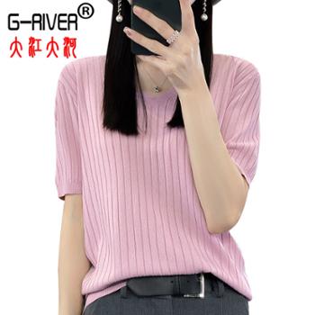 大江大河/G-RIVER 女式薄款V领短袖T恤针织衫 柔軟、亲肤 M－2XL