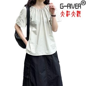 大江大河/G-RIVER 女式韩版宽松纯色设计感休闲短袖衬衣 时尚圆领，青春减龄 均码