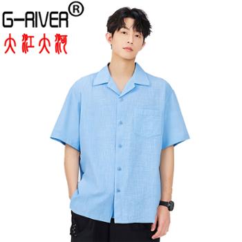 大江大河/G-RIVER 全棉竹节衬衫男短袖立领翻领宽松直筒 柔软亲肤