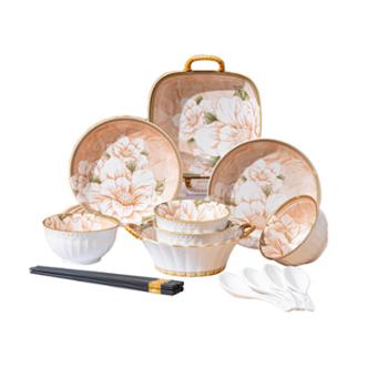 唯铭诺 山茶花陶瓷餐具套装16头 家用日式釉下彩碗碟套装