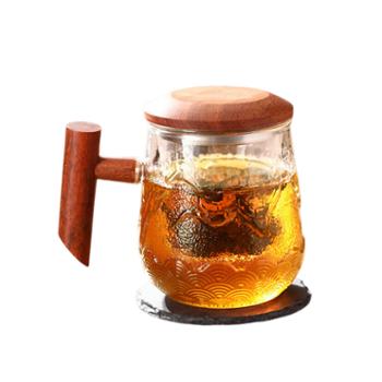 唯铭诺 竹盖木把三件杯500ml 家用高硼硅耐高温茶具茶水分离玻璃杯泡茶杯